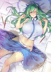 Rule 34 | 1girl, ahoge, blue skirt, blush, breasts, clothes pull, commentary request, closed eyes, frog hair ornament, green hair, groin, hair ornament, hair tubes, hairband, highres, huge breasts, kochiya sanae, koikawa minoru, long hair, lying, navel, nontraditional miko, on back, panties, paper, parted lips, pencil, pillow, pink panties, shirt, skirt, skirt pull, sleeping, sleeveless, sleeveless shirt, snake hair ornament, solo, stomach, touhou, unconscious, underwear, white shirt