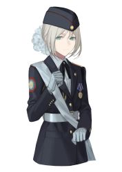 Rule 34 | 1girl, alternate costume, an-94 (girls&#039; frontline), aqua eyes, arm up, belt, black jacket, blonde hair, breasts, closed mouth, cropped legs, flower, girls&#039; frontline, gloves, hair flower, hair ornament, hat, highres, jacket, long hair, long sleeves, looking at viewer, medal, mik blamike, military, military hat, military uniform, ribbon, shirt, small breasts, solo, standing, uniform, white background, white belt, white gloves, white ribbon, white shirt