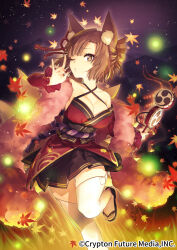 1girl alternate_costume alternate_hairstyle animal_ear_fluff animal_ears autumn_leaves black_footwear black_skirt breasts brown_eyes brown_hair collarbone copyright_name eyelashes fox_ears fox_girl fox_tail geta hatsune_miku_graphy_collection highres japanese_clothes kimono large_breasts leg_up meiko_(vocaloid) night night_sky official_art pleated_skirt red_kimono sacanahen skirt sky socks solo tabi tail vocaloid white_socks