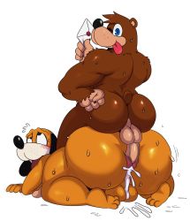 Rule 34 | 2boys, absurdres, aftersex, ahegao, all fours, animal ears, ass, back, banjo-kazooie, banjo (banjo-kazooie), bear ears, bear tail, black eyes, blue eyes, blush, boy on top, brown hair, buttjob, cum, cum on ass, cum on body, cum on lower body, dog (duck hunt), dog ears, duck hunt, ejaculation, erection, eric lowery, freckles, furry, furry male, highres, huge ass, interspecies, letter, looking back, male focus, multiple boys, muscular, nintendo, nude, one eye closed, penis, super smash bros., sweat, tail, testicles, thick thighs, thighs, tongue, tongue out, uncensored, white background, wink, yaoi