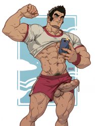 Rule 34 | 1boy, abs, absolum art, bara, bare pectorals, biceps, black eyes, black hair, bulge, clothes lift, clothing aside, erection, erection under clothes, feet out of frame, flexing, foreskin, gouda musashi, highres, holding, holding phone, large pectorals, lifted by self, long sideburns, male focus, mob psycho 100, muscular, muscular male, navel, navel hair, nipples, pectorals, penis, phone, precum, red shorts, school uniform, selfie, shirt lift, short hair, shorts, shorts aside, sideburns, smile, solo, sparkle, stomach, thighs, uncensored