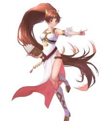 Rule 34 | 1girl, absurdly long hair, alternate costume, armpits, bare shoulders, belt, book, boots, breasts, brown eyes, brown hair, collarbone, dress, earrings, female focus, fire emblem, fire emblem: new mystery of the emblem, fire emblem heroes, full body, hair ornament, highres, holding, holding book, jewelry, knee boots, linde (fire emblem), long dress, long hair, matching hair/eyes, nintendo, official art, side slit, sleeveless, sleeveless dress, solo, transparent background, very long hair, white dress, white footwear