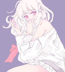 Rule 34 | 10s, 1girl, bare shoulders, bite mark, blonde hair, blush, covering own mouth, covering privates, crying, diabolik lovers, komori yui, limited palette, looking at viewer, nail polish, pale color, petite, pink eyes, rejet, school uniform, simple background, skirt, solo, tears, uniform