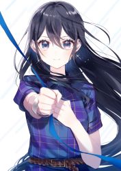 Rule 34 | 1girl, belt, black hair, blue eyes, blue ribbon, blue shirt, blush, brown belt, clenched hand, closed mouth, collared shirt, earrings, floating hair, hair between eyes, hananoi rena, hand on own chest, highres, holding, holding ribbon, jewelry, misumi (macaroni), official art, outstretched arm, plaid, plaid shirt, reaching, ribbon, selection project, shirt, short sleeves, simple background, smile, solo, sparkle, upper body, white background