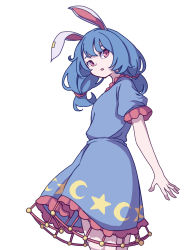 Rule 34 | 1girl, absurdres, animal ears, blue dress, blue hair, cowboy shot, crescent print, dress, earclip, eyebrows hidden by hair, from side, highres, kame (kamepan44231), looking at viewer, low twintails, medium hair, one-hour drawing challenge, open mouth, rabbit ears, red eyes, seiran (touhou), short sleeves, simple background, solo, standing, star (symbol), star print, touhou, twintails, white background