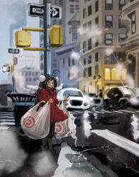 Rule 34 | 1girl, absurdres, ahoge, bag, black hair, blurry, blurry background, brown sweater, buttons, car, cellphone, clip studio paint (medium), coat, commentary request, crosswalk, dual wielding, eudetenis, full body, green eyes, highres, holding, holding bag, holding phone, huge ahoge, long hair, motor vehicle, original, phone, plastic bag, red coat, shopping bag, smartphone, snow, solo focus, sweater, target (store), traffic, turtleneck, turtleneck sweater, twintails, very long hair, winter, winter clothes