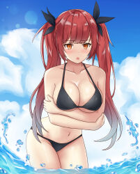 Rule 34 | 1girl, :o, artist name, azur lane, bare arms, bare shoulders, bikini, black bikini, black ribbon, blue sky, blush, breasts, brown eyes, cleavage, cloud, collarbone, commentary, crossed arms, day, hair ribbon, halterneck, highres, honolulu (azur lane), honolulu (summer accident?!) (azur lane), large breasts, leaning forward, lens flare, long hair, navel, official alternate costume, open mouth, outdoors, photoshop (medium), red hair, ribbon, sidelocks, sky, solo, strap gap, string bikini, swimsuit, thigh gap, twintails, very long hair, vodka13, wading, water