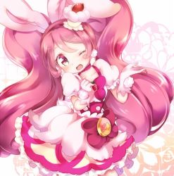 Rule 34 | 10s, 1girl, ;d, animal ears, blush, bow, brooch, choker, clenched hand, commentary request, cupcake, cure whip, dress, earrings, extra ears, food, food-themed hair ornament, fruit, gloves, hair ornament, hairband, jewelry, kirakira precure a la mode, kofa (ikyurima), long hair, looking at viewer, magical girl, one eye closed, open mouth, pink gloves, pink hair, pom pom (clothes), pom pom earrings, precure, puffy short sleeves, puffy sleeves, rabbit ears, short sleeves, smile, solo, strawberry, twintails, usami ichika
