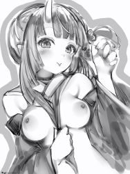 Rule 34 | 1girl, :p, bad id, bad twitter id, blush, breasts, busou kanojo, detached sleeves, greyscale, hand up, highres, horns, long sleeves, looking at viewer, medium breasts, monochrome, nanashi (nlo), nenemaru (busou kanojo), nipples, nude, single horn, smile, solo, tongue, tongue out, upper body, virtual youtuber