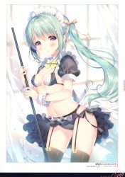 Rule 34 | 1girl, absurdres, aqua hair, black pants, black skirt, black thighhighs, bow, bowtie, bra, breasts, cleavage, floating hair, frilled bra, frills, garter belt, hair ribbon, highres, holding, indoors, long hair, looking at viewer, maid, maid headdress, microskirt, original, pants, pink eyes, ribbon, scan, short sleeves, side ponytail, skirt, small breasts, solo, standing, thighhighs, underwear, very long hair, wasabi (sekai), wrist cuffs, yellow bow, yellow bowtie, yellow ribbon
