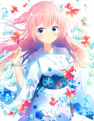 Rule 34 | 1girl, ahoge, blue eyes, blue nails, blush, bracelet, bubble, commentary, coral, cowboy shot, fish, floral print, goldfish, hair between eyes, hands up, holding, holding clothes, japanese clothes, jewelry, kimono, long hair, looking at viewer, nail polish, natsume3304, original, pink hair, plant, sash, simple background, smile, solo, two side up, underwater, white background, white kimono, yukata