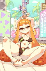 1girl armpits arms_up barefoot bdsm bikini black_bikini bondage bound bound_wrists breasts cloud domino_mask feet female_focus full_body highleg highleg_bikini highres inkling inkling_girl inkling_player_character long_hair mask matching_hair/eyes navel nintendo orange_eyes orange_hair outdoors paid_reward_available palm_tree pointy_ears rope rtil sky small_breasts smile solo splatoon_(series) spread_legs swimsuit tentacle_hair thick_thighs thighs tree twintails variant_set very_long_hair