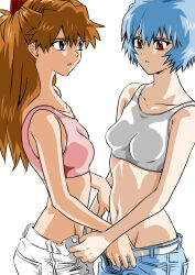 Rule 34 | 2girls, absurdres, ayanami rei, blue eyes, blue hair, breasts, brown hair, covered navel, expressionless, eywy4324, feet out of frame, grabbing another&#039;s chin, hair between eyes, hair ornament, highres, long hair, looking at another, medium breasts, multiple girls, navel, neon genesis evangelion, open clothes, open shorts, red eyes, sexually suggestive, short hair, shorts, simple background, souryuu asuka langley, standing, two side up, undressing
