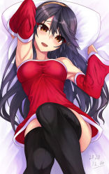 Rule 34 | 1girl, :d, alternate costume, armpits, arms up, bare shoulders, bed sheet, black hair, black thighhighs, blush, breasts, brown hairband, commentary request, dated, detached sleeves, dress, hair ornament, hairband, hairclip, haruna (kancolle), head tilt, highres, kantai collection, legs up, long hair, long sleeves, looking at viewer, lying, medium breasts, on back, on bed, open mouth, pillow, red dress, red eyes, santa costume, sheet grab, short dress, smile, solo, thighhighs, utsumi karmin, very long hair