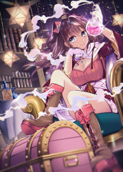 Rule 34 | 1girl, :3, ahoge, blue eyes, book, bookshelf, boots, breasts, brown hair, brown legwear, cape, cleavage, commentary request, couch, flask, gloves, hair between eyes, hair ribbon, head rest, highres, holding, holding flask, ichinose shiki, idolmaster, idolmaster cinderella girls, indoors, looking at viewer, medium breasts, morita gurutamin, pectorals, ribbon, sitting, smoke, solo, star (symbol), table, two side up, wavy hair, wavy mouth, white gloves