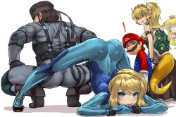 Rule 34 | !, 2boys, 3girls, arched back, arm rest, armlet, ass, bare shoulders, black collar, black dress, black hair, blonde hair, blue bodysuit, blue eyes, bodysuit, boots, bowsette, bracelet, broly culo (meme), clenched teeth, collar, crown, distracted boyfriend (meme), dress, earrings, flexible, gloves, half-closed eye, hands on ground, haraya manawari, harness, headband, height difference, high ponytail, highres, holding hands, horns, jack-o&#039; challenge, jealous, jewelry, konami, long hair, long sleeves, looking at another, looking at viewer, mario, mario (series), meme, metal gear (series), metal gear solid, metroid, multiple boys, multiple girls, new super mario bros. u deluxe, nintendo, overalls, plectrum, pointy ears, princess peach, red eyes, samus aran, short hair, simple background, skin tight, smile, sneaking suit, solid snake, spiked armlet, spiked bracelet, spiked shell, spiked tail, spikes, spread legs, squatting, strapless, strapless dress, stretching, super crown, super smash bros., sweater, tail, teeth, tiptoes, top-down bottom-up, turtle shell, white background, wide spread legs, zero suit