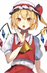 Rule 34 | 1girl, :o, ascot, blonde hair, blush, bow, bun (bun 5u), collar, commentary, crystal wings, fang, flandre scarlet, frilled shirt collar, frills, hair between eyes, hand up, hat, hat bow, highres, looking at viewer, mob cap, one side up, open mouth, puffy short sleeves, puffy sleeves, red bow, red eyes, red skirt, red vest, shirt, shirt tucked in, short hair, short sleeves, simple background, skin fang, skirt, solo, touhou, upper body, vest, white background, white collar, white hat, white shirt, yellow ascot