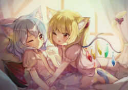 Rule 34 | 2girls, animal ear fluff, animal ears, bat wings, blonde hair, bow, cat ears, cat tail, flandre scarlet, flat chest, highres, kemonomimi mode, kutabiretainu, multiple girls, one eye closed, remilia scarlet, siblings, sisters, tail, tail bow, tail ornament, tongue, touhou, wings, yuri