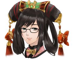 Rule 34 | 1girl, black-framed eyewear, black hair, commentary request, glasses, grey eyes, hair rings, hair tubes, lips, long hair, looking at viewer, mole, mole under mouth, parted lips, portrait, rokumi tsuki, samurai spirits, sidelocks, solo, tassel, updo, white background, wu-ruixiang