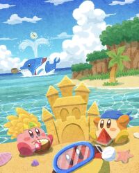Rule 34 | arms up, bandana, bandana waddle dee, beach, blipper, blowhole, blue bandana, blue eyes, blue sailor collar, blue sky, blush, brown eyes, cloud, cloudy sky, coconut, coconut cup, commentary, copy ability, crown, day, diving mask, drink, drinking straw, english commentary, fatty whale, flower, food, fruit, goggles, grin, highres, horizon, kirby, kirby (series), light blush, looking at viewer, miclot, neckerchief, nintendo, no humans, ocean, on ground, outdoors, palm tree, red flower, red neckerchief, sailor collar, sand, sand castle, sand kirby, sand sculpture, scenery, seashell, shell, sitting, sky, smile, smoking pipe, squishy (kirby), starfish, teeth, tree, water, watermelon, watermelon slice, whale
