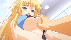 Rule 34 | 10s, 1boy, 1girl, animated, animated gif, blonde hair, blue eyes, blush, bouncing breasts, grabbing another&#039;s breast, breasts, ermalit de blanchefort, grabbing, happy sex, hetero, large breasts, long hair, love 2 quad, lowres, nipples, poro, swimsuit, torn clothes