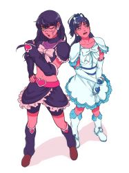 Rule 34 | 2girls, annoyed, black gloves, black hair, bow, chainsaw man, crop top, cross scar, dress, drgryu750, earrings, elbow gloves, gloves, hair bow, hand on own hip, heart, heart earrings, high ponytail, highres, jewelry, long hair, looking to the side, loose socks, magical girl, midriff, mitaka asa, multiple girls, one eye closed, open mouth, scar, scar on face, simple background, socks, white background, white bow, white dress, white gloves, yellow eyes, yoru (chainsaw man)