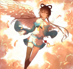 Rule 34 | 1girl, asymmetrical wings, bare shoulders, black hair, breasts, detached sleeves, feathered wings, green eyes, hair ornament, hair rings, hand on own chest, highres, lan jue, long hair, luo tianyi, necktie, short hair with long locks, skirt, small breasts, solo, vocaloid, wings