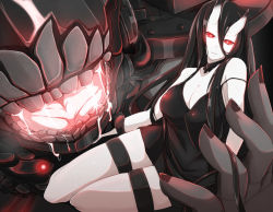 Rule 34 | 10s, 1girl, abyssal ship, battleship princess, black dress, black hair, breasts, cleavage, dress, glowing, glowing eyes, horns, kantai collection, kichihachi, long hair, off shoulder, pale skin, red eyes, short dress, skin-covered horns, solo, thigh strap, very long hair