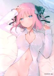 Rule 34 | 1girl, 6u (eternal land), absurdres, arm up, bed sheet, blue eyes, blush, breasts, cleavage, closed mouth, collarbone, collared shirt, dress shirt, go-toubun no hanayome, groin, hair ornament, hand up, highres, large breasts, long sleeves, looking at viewer, lying, nail polish, nakano nino, naked shirt, navel, no panties, on back, partially unbuttoned, pink hair, scan, shirt, short hair, solo, twitter username, two side up, white shirt