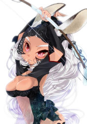 Rule 34 | 00s, 1girl, animal ears, blush, bow (weapon), breasts, rabbit ears, chibi, cleavage, dark skin, dark-skinned female, final fantasy, final fantasy xii, fran (ff12), highres, kayama benio, large breasts, long hair, pink eyes, revealing clothes, solo, thighhighs, weapon, white hair