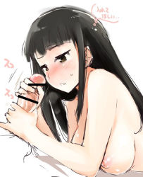 Rule 34 | 1boy, 1girl, bad id, bad pixiv id, bar censor, black hair, breasts, brown eyes, censored, hair down, handjob, hetero, large breasts, long hair, mozu (peth), nipples, nude, penis, sakamoto mio, solo focus, strike witches, thought bubble, translation request, two-handed handjob, world witches series