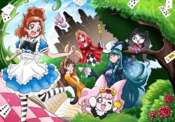 Rule 34 | 4girls, akagi towa, alice (alice in wonderland), alice (alice in wonderland) (cosplay), alice in wonderland, amanogawa kirara, animal ears, aroma (go! princess precure), arudebido, blue dress, blue eyes, blue hair, book, bow, bowtie, brown hair, building, card, castle, closed eyes, cosplay, crossover, cup, day, dress, eyelashes, fake animal ears, flower, formal, go! princess precure, grass, happy, haruno haruka, hat, heart, heart-shaped pupils, highres, kaidou minami, long hair, looking at another, looking at viewer, mad hatter (alice in wonderland), mad hatter (alice in wonderland) (cosplay), mary janes, miss siamour, monster, multiple girls, open book, open mouth, outdoors, pantyhose, paper, plant, playing card, precure, puff (go! princess precure), puffy sleeves, purple eyes, queen of hearts (alice in wonderland), queen of hearts (cosplay), rabbit ears, red dress, red eyes, red hair, ribbon, rose, shoes, short hair, shut (go! princess precure), shut (go! princess precure) (cosplay), smile, striped clothes, striped legwear, striped pantyhose, suit, symbol-shaped pupils, teacup, text focus, top hat, traditional bowtie, tree, walking, wand