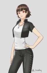 Rule 34 | 1girl, absurdres, artist name, artist request, blouse, blunt bangs, braid, brown hair, collared jacket, crown braid, female focus, grey background, hand on own hip, head tilt, highres, jacket, lace, lace-trimmed legwear, lace trim, niijima makoto, persona, persona 5, persona 5 scramble: the phantom strikers, shirt, short hair, simple background, white shirt