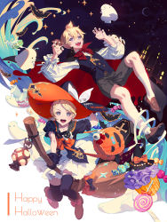 Rule 34 | 1boy, 1girl, bag, bat (animal), black nails, blonde hair, blush, bow, broom, broom riding, candle, candy, cape, cat, claw pose, commentary, crescent moon, cupcake, eyeball, fajyobore, fang, food, frilled sleeves, frills, full body, ghost, halloween, happy halloween, hat, hat bow, holding, holding broom, holding clothes, holding hat, jack-o&#039;-lantern, kagamine len, kagamine rin, lantern, light blush, lollipop, long sleeves, looking at viewer, making-of available, mansion, mary janes, moon, nail polish, night, night sky, open mouth, red neckwear, shirt, shoes, short hair, short ponytail, short sleeves, shorts, shoulder bag, siblings, skirt, sky, socks, spiked hair, star (sky), star (symbol), star in eye, starry sky, symbol in eye, thighhighs, twins, vampire costume, vest, vocaloid, white shirt, white skirt, witch, witch hat