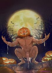 Rule 34 | 1boy, abs, bandages, bara, bare pectorals, beard, bulge, dogephalus, facial hair, forest, full body, full moon, glowing, glowing eyes, halloween, halloween costume, highres, jack-o&#039;-lantern, large pectorals, loincloth, male focus, moon, mummy costume, muscular, naked bandage, nature, navel, nipples, open hands, original, pectorals, pumpkin, pumpkin hat, red eyes, revealing clothes, see-through, sharp teeth, short hair, solo, squatting, teeth, thighs