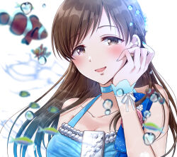 Rule 34 | 1girl, air bubble, bare shoulders, blue choker, blue dress, blue nails, blurry, blurry foreground, blush, breasts, brown eyes, brown hair, bubble, choker, cleavage, collarbone, dress, fish, gen (enji), hair ornament, hand on own face, hand up, idolmaster, idolmaster cinderella girls, idolmaster cinderella girls starlight stage, long hair, looking at viewer, medium breasts, nail polish, nitta minami, open mouth, ribbon, sleeveless, sleeveless dress, smile, solo, upper body, water, white ribbon, wrist ribbon