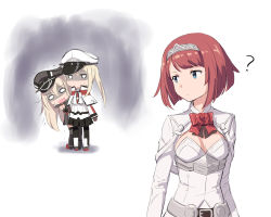 Rule 34 | 10s, 3girls, ?, ark royal (kancolle), bad id, bad pixiv id, bare shoulders, bismarck (kancolle), black legwear, black skirt, blonde hair, blue eyes, capelet, cnm, detached sleeves, dress, graf zeppelin (kancolle), grey legwear, hairband, hat, hiding, hiding behind another, kantai collection, long hair, long sleeves, military, military uniform, multiple girls, pantyhose, peaked cap, pleated skirt, red hair, shaded face, short hair, skirt, thighhighs, uniform, white dress