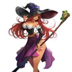Rule 34 | 1girl, bare shoulders, breasts, cleavage, detached sleeves, dragon&#039;s crown, dress, hat, highres, large breasts, long hair, red hair, sorceress (dragon&#039;s crown), witch hat