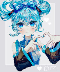 Rule 34 | 1girl, absurdres, bare shoulders, blue eyes, blue hair, blue nails, blush, bow, cinnamiku, detached sleeves, frills, hair bow, hatsune miku, heart, heart hands, highres, looking at viewer, ramika (ramika0606), sanrio, smile, solo, updo, vocaloid
