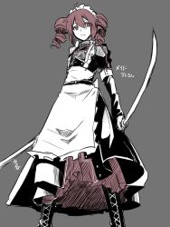 Rule 34 | 1girl, ahoge, apron, black dress, boots, commentary, dress, drill hair, expressionless, feet out of frame, frilled apron, frills, from below, grey background, highres, holding, holding sword, holding weapon, kasane teto, katai uji, knee boots, maid, maid apron, maid day, maid headdress, red eyes, red hair, scabbard, sheath, solo, sword, twin drills, utau, v-shaped eyebrows, weapon