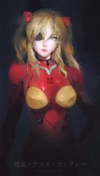 Rule 34 | 1girl, artist name, blue eyes, bodysuit, breasts, character name, closed mouth, eyepatch, hair between eyes, highres, kaminari ame, large breasts, lips, long hair, looking at viewer, multicolored bodysuit, multicolored clothes, neon genesis evangelion, nose, orange bodysuit, orange hair, plugsuit, red bodysuit, solo, souryuu asuka langley, translated