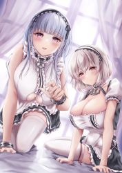 Rule 34 | 2girls, absurdres, anchor choker, apron, azur lane, bedroom, black dress, black hairband, blush, breasts, center frills, choker, cleavage, clothing cutout, curtains, day, dido (azur lane), dress, dutch angle, feet out of frame, framed breasts, frilled choker, frills, grey hair, hair between eyes, hairband, highres, huge breasts, indoors, lace-trimmed hairband, lace trim, large breasts, light smile, looking at viewer, maid, multiple girls, on bed, purple eyes, red eyes, short hair, sirius (azur lane), skindentation, sleeveless, sleeveless dress, smile, thighhighs, two-tone dress, underboob, underboob cutout, waist apron, white apron, white curtains, white dress, white hair, white thighhighs, window, yuzu hirari, zettai ryouiki