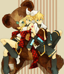 Rule 34 | 1boy, 1girl, arm clutch, armpits, bare shoulders, belt, blonde hair, blue eyes, boots, bow, brother and sister, detached sleeves, hair ornament, hair ribbon, hairclip, headphones, kagamine len, kagamine rin, locked arms, midriff, necktie, ribbon, short hair, shorts, siblings, sitting, striped, stuffed animal, stuffed toy, teddy bear, thighhighs, trap, twins, vocaloid, yoshi 92