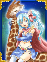 Rule 34 | 1girl, bare shoulders, blue eyes, blue hair, breasts, cleavage, elbow gloves, feathers, fingerless gloves, giraffe, gloves, hat, highres, midriff, navel, open mouth, original, ponytail, shiny skin, skindentation, skirt, small breasts, smile, thighhighs, urutsu sahari, wings