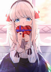 Rule 34 | 1girl, absurdres, backlighting, black skirt, blue eyes, blurry, blurry background, blush, bow, box, center frills, clothing cutout, commentary request, depth of field, diagonal stripes, frilled skirt, frills, gift, gift box, grey hair, hair bow, hands up, heart-shaped box, highres, holding, holding gift, long hair, long sleeves, maid headdress, maou no ore ga dorei elf wo yome ni shitanda ga dou medereba ii?, menghuan tian, nephelia, pointy ears, red bow, shirt, shoulder cutout, sidelocks, signature, skirt, solo, striped, twintails, very long hair, white shirt