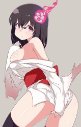 Rule 34 | 1girl, ass, black hair, blush, breasts, cleavage, covering privates, covering ass, ghost, highres, hitodama, japanese clothes, kimono, large breasts, light blush, looking at viewer, looking back, medium hair, obi, pink eyes, red rope, rope, sash, stomach, tareme, towa rui, towa rui (artist), towa rui channel, virtual youtuber