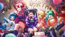 Rule 34 | 5girls, ahoge, arm up, balloon, birthday cake, black footwear, black gloves, black hair, black nails, black pantyhose, black sleeves, black socks, black thighhighs, blonde hair, blue eyes, blue hair, boots, bow, box, cake, closed eyes, commission, confetti, coni confetti, crossed legs, dragon girl, dragon horns, eye hair ornament, fangs, fishnet pantyhose, fishnets, food, fork, fruit, gift, gift box, gloves, green hair, hair bow, hair ornament, happy birthday, hat, heart, heart ahoge, highres, holding, holding fork, horns, idol corp, jacket, jewelry, kai saikota, momo otako, multicolored hair, multiple girls, necklace, one eye closed, open mouth, orange sweater, pantyhose, party hat, party popper, pink bow, pink hair, pink jacket, pink sweater, pleated skirt, pointy ears, poko rakun, polka dot, polka dot bow, ponytail, purple eyes, purple gloves, purple hair, purple sleeves, red bow, ribbed sweater, roca rourin, second-party source, sharp teeth, single fishnet legwear, skirt, sleeves past wrists, socks, star (symbol), star hair ornament, strawberry, streaked hair, streamers, striped sleeves, sweater, teeth, tentacle hair, thighhighs, tongue, tongue out, twintails, virtual youtuber, white skirt, yellow eyes, yuarima2