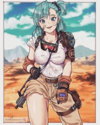 Rule 34 | 1girl, asymmetrical bangs, asymmetrical clothes, asymmetrical legwear, bandaid, bandaid on cheek, bandaid on face, belt, blue eyes, blush, breasts, bulma, clothes writing, cloud, covered erect nipples, day, desert, dragon ball, dragon ball (classic), feet out of frame, female focus, gloves, goggles, goggles around neck, green hair, groin, gun, hand up, happy, highres, instagram username, kerana art, large breasts, legs, light blush, looking at viewer, medium hair, one side up, open mouth, outdoors, shirt, shirt tucked in, side ponytail, simple background, single pantsleg, sky, smile, solo, standing, thighs, torn clothes, uneven legwear, weapon, white shirt