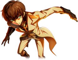 Rule 34 | 1boy, arm up, artist request, black footwear, black gloves, black shirt, boots, brown hair, coat, code geass, code geass: boukoku no akito, code geass: lost stories, cropped legs, game cg, gloves, green eyes, hair between eyes, holding, holding key, jumping, key, kururugi suzaku, leaning forward, long sleeves, looking at viewer, male focus, military uniform, non-web source, official art, pants, parted lips, serious, shirt, short hair, sidelocks, simple background, solo, teeth, transparent background, uniform, v-shaped eyebrows, white coat, white pants