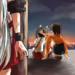 Rule 34 | 10s, 3girls, back, bad id, bad nicoseiga id, black hair, blush, brown eyes, brown hair, clog sandals, cloud, damaged, hair ribbon, hand on another&#039;s head, hiryuu (kancolle), indian style, itomugi-kun, japanese clothes, kantai collection, long hair, long sleeves, multiple girls, muneate, okobo, personification, ribbon, sandals, shipyard, short hair, short sleeves, shoukaku (kancolle), side ponytail, silver hair, sitting, skirt, sky, squatting, sunset, tears, text focus, twintails, wide sleeves, zuikaku (kancolle)